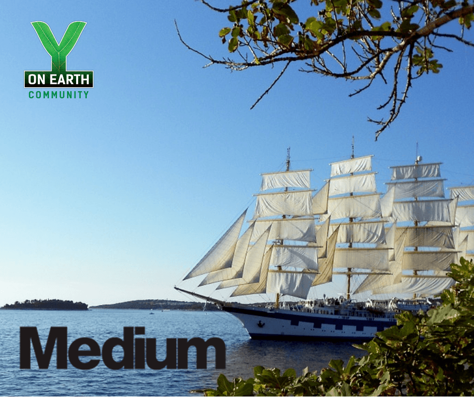 Ship Sailing on Calm Waters with Medium & Y on Earth Logos